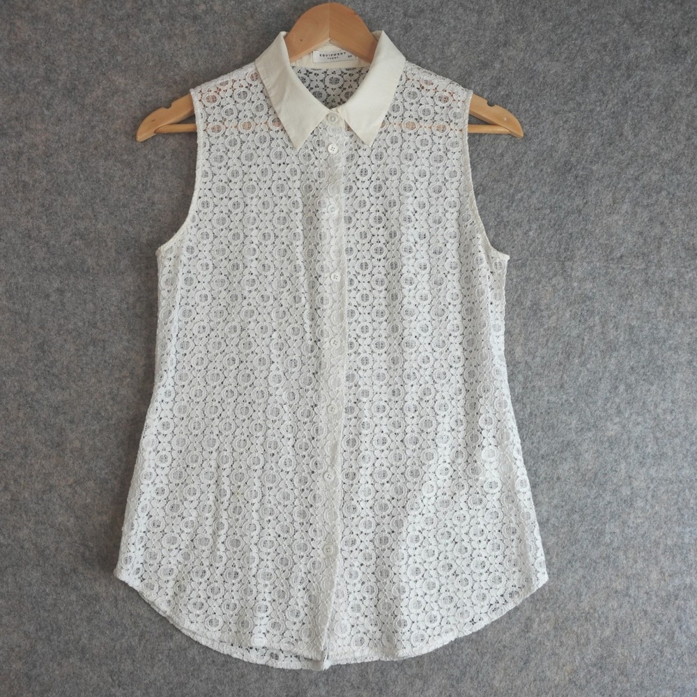 Equipment Femme White‎ Lace Crochet Sleeveless Button Up Top S Sheer Floral Boho